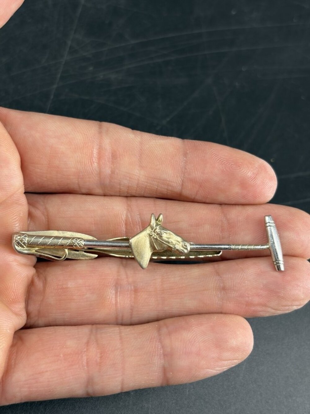 Vtg Hickok USA Horse Head Tie Clip Equestrian Tie Bar Race Riding Crop Bat Whip
